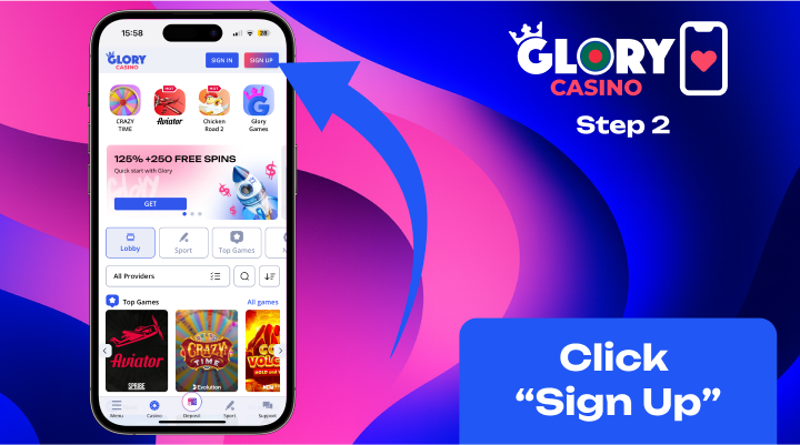 Glory Casino app sign up button