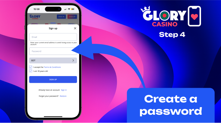 Glory Casino app password creation
